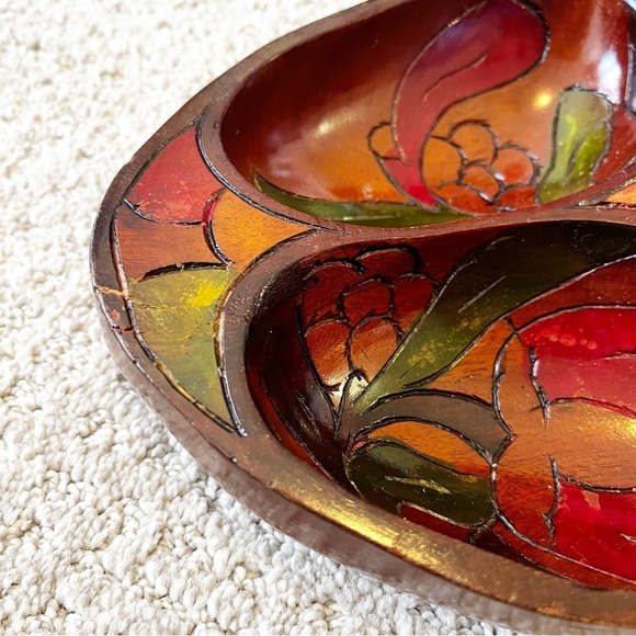 Vintage Mid Century Wooden Serving Bowl Snack Platter Boho Exotic Divided Carved - Picture 7 of 14